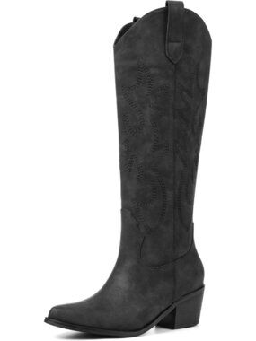 Women's Black Knee High Wide Calf Cowgirl Boots with Embroidered Design Pull On